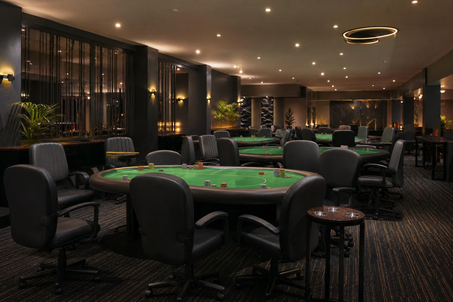 Casino card room set for a poker tournament